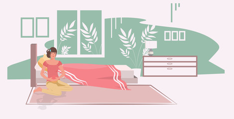 woman suffering from abdominal pain injury on belly area girl having stomach ache modern bedroom interior full length horizontal vector illustration