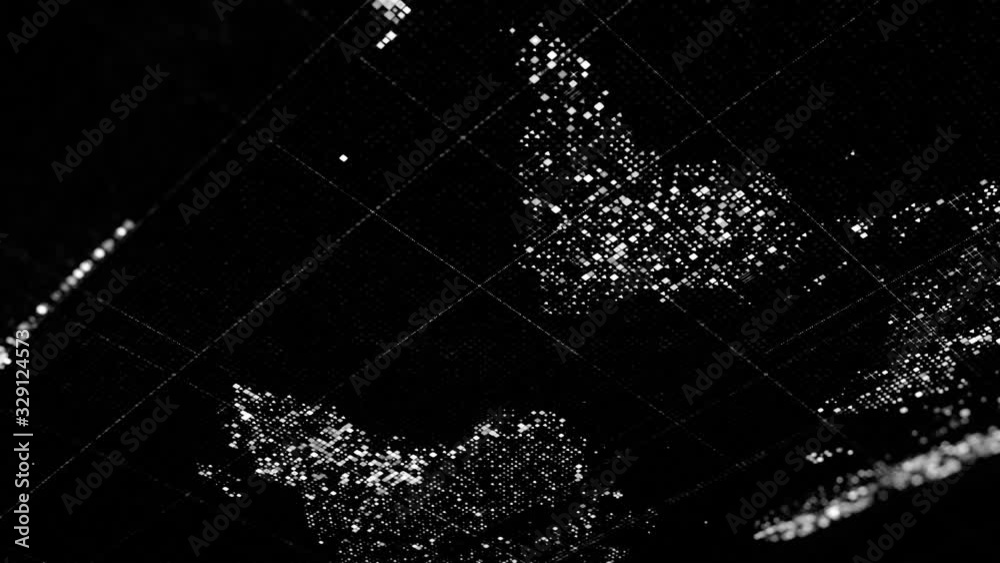 Poster global technology world map formed by blinking small particles on black background, seamless loop. a