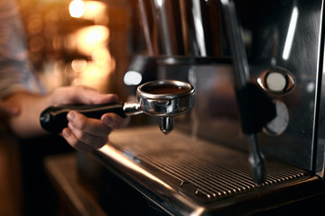 Coffee machine preparing fresh tasty coffee. Professional brewing at restaurant or pub.Step by step tips of coffee making