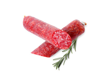 Tasty cut sausage on white background, top view. Meat product
