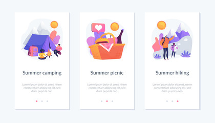 Outdoor leisure activity flat icons set. Backpacking and trekking holiday on nature. Summer camping, summer picnic, summer hiking metaphors. Mobile app UI interface wireframe template.