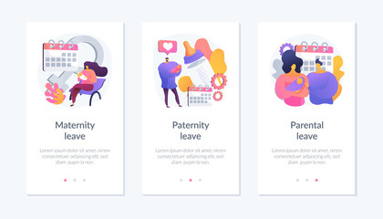 Gender equality issues in child upbringing. Trendy tendencies in infant kids care sharing. Maternity leave, paternity leave, parental leave metaphors. Mobile app UI interface wireframe template.
