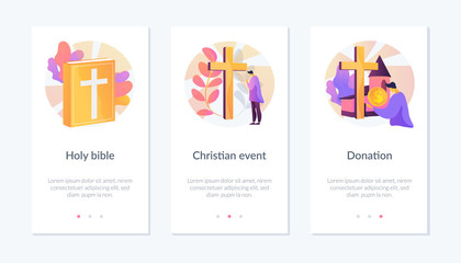 Church congregation lifestyle symbols. Sacred book, religious ceremonies and financial contribution. Holy bible, christian event, donation metaphors. Mobile app UI interface wireframe template.