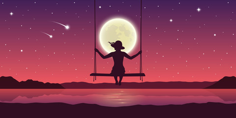 girl on a swing by the lake with full moon and falling stars vector illustration EPS10