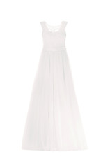 Fototapeta na wymiar Elegant wedding dress on mannequin against white background. Custom made clothes