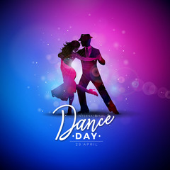 International Dance Day Vector Illustration with tango dancing couple on shiny colorful background. Design template for banner, flyer, invitation, brochure, poster or greeting card. - obrazy, fototapety, plakaty