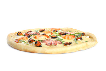 Hot delicious seafood pizza isolated on white