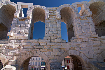 Panoramic view of the interior of the Roman amphitheater of Arles in France.