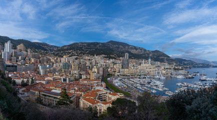 Obraz premium Panoramic view of Monte Carlo harbour in Monaco. Azur coast. Port Hercule in Monaco.