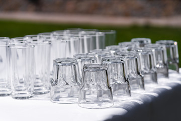 Set of blank empty wine glasses displayed in rows. Preparation for the holiday.