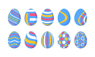 Set of 10 color Easter Eggs with pattern. Design elements for holiday cards. Easter collection with different texture. Cartoon flat style Vector illustration
