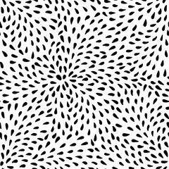 Hand drawn seamless abstract drop pattern in star blossom shape with hand painted irregular black drop on white background. Graphic, modern design. Fireworks, new year, celebration.