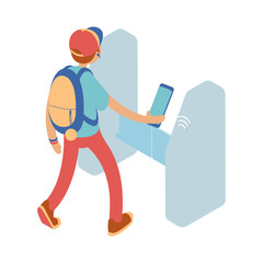 Teenage boy going through turnstile with nfc.