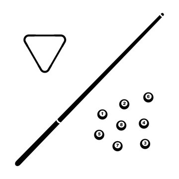 Vector black billiard cue and balls icon. Game equipment. Professional sport, classic cue for official competitions and tournaments. Isolated illustration.