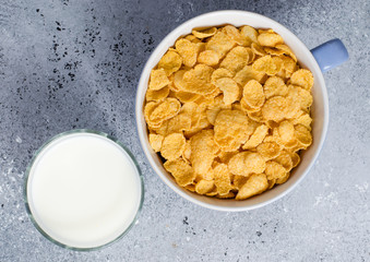 Corn flakes in a plate and milk in a glass. Healthy breakfast. Copy space