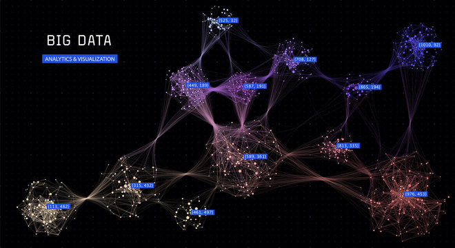 Abstract big data. Cluster analysis. Social media graph. Distributed computing network. Modern visual concept. 