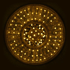 Lighting abstract pattern for design. Round chandelier view from the bottom. Retro style dark yellow background.