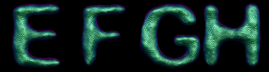 Letter set E, F, G, H made of realistic 3d render natural green snake skin texture.