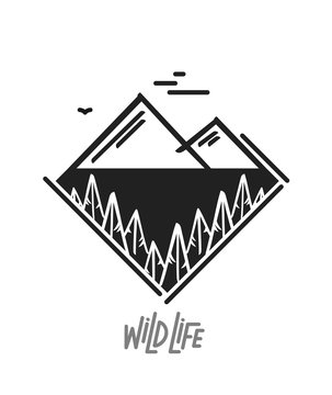 Flat mountain icon landscape with pine forest. Line design. Wild Life text lettering