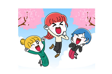 イラスト素材：春　女子　新生活　３人組　かわいい