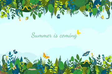 Colorful floral composition on blue background, text Summer is coming. Horizontal stripe seamless pattern in spring green colors. Leaves, colorful flowers, caterpillar, butterflies Vector illustration