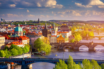 Scenic view of the Old Town pier architecture and Charles Bridge over Vltava river in Prague, Czech...
