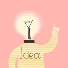 Creative business card with a  man with head in shape of lamp  raising hand and pointing up - with a text -  Idea - on the pink background.Cartoon vector illustration for buisness presentations.