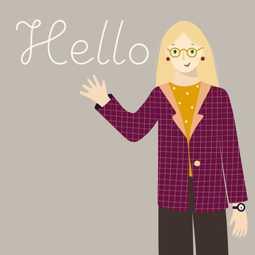 Cute business greeting card with a  girl smiling and waving hand - with a text-  hello - on the grey background. Business poster card design. Cartoon vector illustration for buisness presentations.
