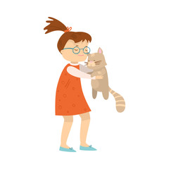 Girl holding her grey cat pet in hands vector illustration