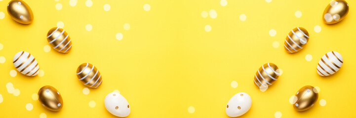 Easter basket eggs isolated on yellow. For greeting card, promotion, poster, flyer, web-banner, article.