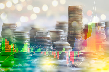 Stock market digital graph chart on LED display concept. A large display of daily stock market price and quotation. Indicator financial forex trade education background.  coins for finance concept