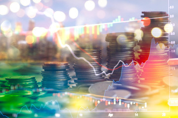 Stock market digital graph chart on LED display concept. A large display of daily stock market price and quotation. Indicator financial forex trade education background.  coins for finance concept