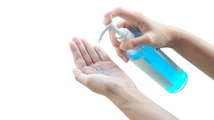 Female hands using wash hand sanitizer gel pump dispenser isolated on white with clipping path.