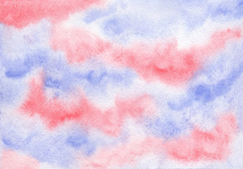 Abstract tender hand drawn pink and blue cloudscape wet watercolor background, wash technique. Unique candy sky with clouds watercolour concept illustration for travel design, banner, greeting cards