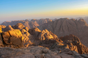 Amazing colorful sunrise on Mount Sinai, rich colors, beautiful sunrise in Egypt, beautiful view from Mount Sinai, Mount Moses.