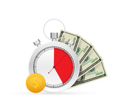 Quick credit. Clock and bag, time is money, fast loan, payment period, savings account. Vector stock illustration.