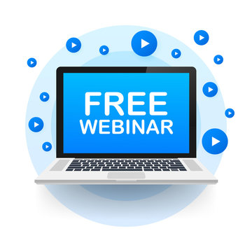 Free webinar, laptop icon. Can be used for business concept. Vector stock illustration.
