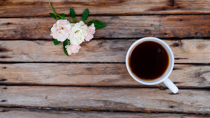 Black coffee on wooden background. for copy space.