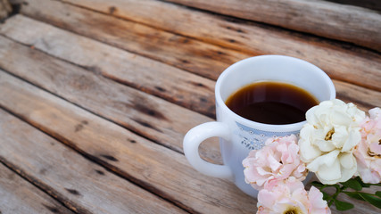 Black coffee on wooden background. for copy space.