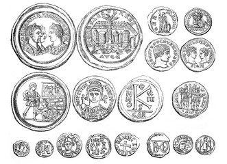 Antique coin collection / crypto currencies /Antique illustration from Brockhaus Konversations-Lexikon 1908