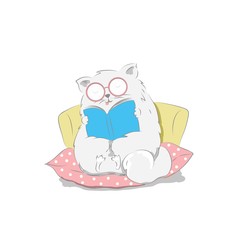Vector illustration of a cute cat reading a book,cartoon design