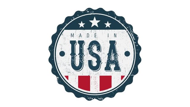 Made In USA Vintage Badge Seal Logo Intro Reveal/ 4k animation of a cool vintage grunge textured fade in intro with made in USA badge logo certificate and stars and stripes