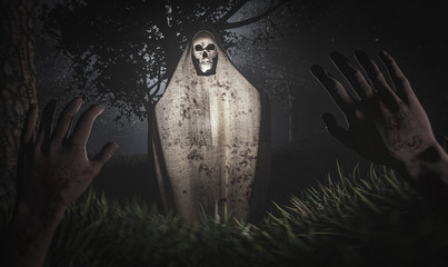 Horror background with scary Demon haunts a man who covers his hands. Halloween horror spooky...