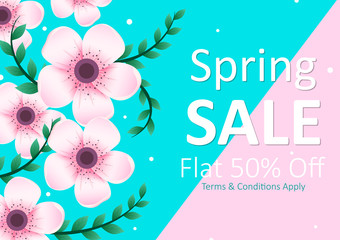 Beautiful fresh flower on floral spring sale background for advertisement and promotion banner in vector