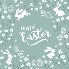Fototapeta na wymiar Cute hand drawn Easter Card design with bunnies, flowers and Easter eggs.