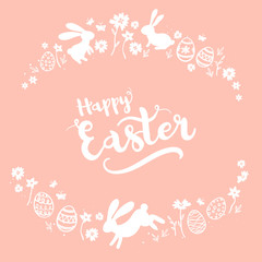 Cute hand drawn Easter Card design with bunnies, flowers and Easter eggs.