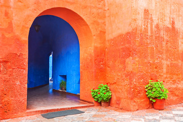 Red and blue wall in Santa Catalina monastery in Arequipa, Peru