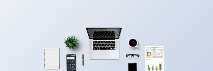 Top view office desk and supplies, with copy space. Creative flat lay photo of workspace desk/Panoramic banner background