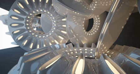 Architectural background. Abstract concrete interior with smooth glossy white discs. Neon lighting. 3D illustration and rendering.