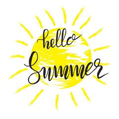 Hello summer lettering composition. Inspirational quote with black text on yellow sun background. Vector illustration for banners, posters, t-shirts, cards
